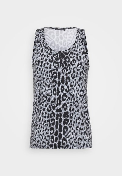 Ärmelloses Versace Tanktop mit schwarz-grauem Leopardenmuster, Rundhalsausschnitt und Logohänger im Kragen.