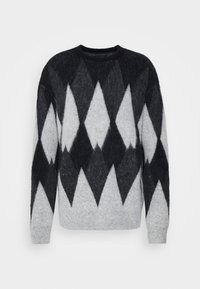 Stickad tröja i grått med svart och vitt diamantmönster, rund halsringning och långa ärmar. Mjuk textur med en lös passform.