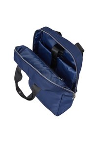 Granatowa torba nylonowa z zamkiem błyskawicznym, z wewnętrzną przegrodą z dwoma organizerami i czarnymi tkaninowymi uchwytami.