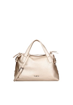 Borsa a tracolla in pelle testurizzata color oro metallizzato. Presenta doppi manici, una tracolla staccabile e un logo del marchio discreto sul davanti. Design compatto.