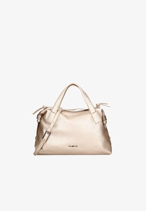 Borsa a tracolla in pelle testurizzata color oro metallizzato. Presenta doppi manici, una tracolla staccabile e un logo del marchio discreto sul davanti. Design compatto.