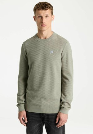 Young man with curly hair wearing a light green textured sweater and dark jeans standing against a plain white background.
