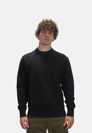 Sudadera negra de mezcla de algodón, cuello redondo, mangas largas, puños y dobladillo acanalados, textura suave, corte relajado, diseño minimalista.