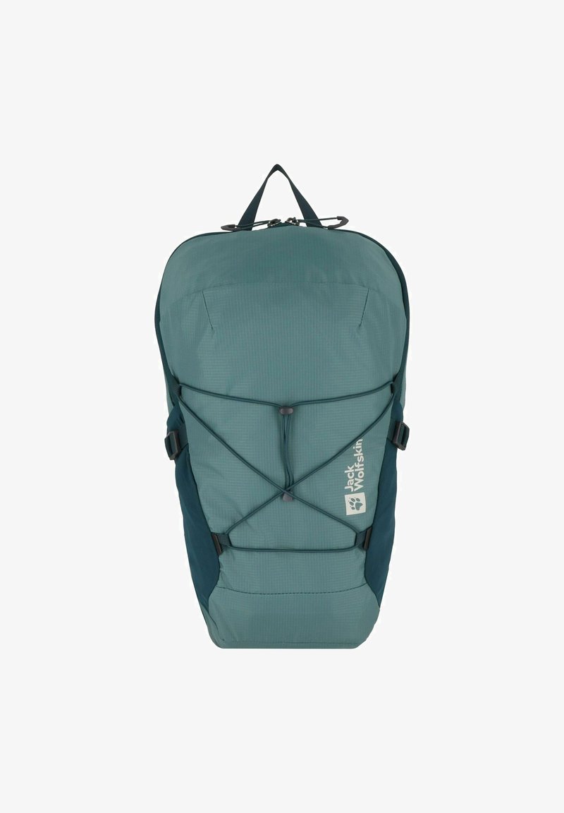 Türkise Rückenmappe mit einem eleganten Design, ausgestattet mit einem vorderen Bungee-Seilsystem, verstellbaren Riemen und einem Logo. Strukturierter Stoff, stromlinienförmige Form.