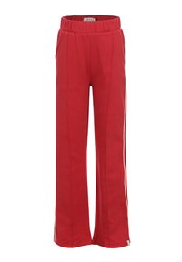 Rode katoenmix pantalon met een brede pijpdesign, voorzien van zijzakken en witte zijstrepen, een zachte textuur en een elastische tailleband.