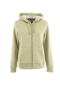 Haut à capuche zippé vert clair en tissu doux, avec un intérieur blanc duveteux, des cordons de serrage, deux poches avant et des poignets côtelés.