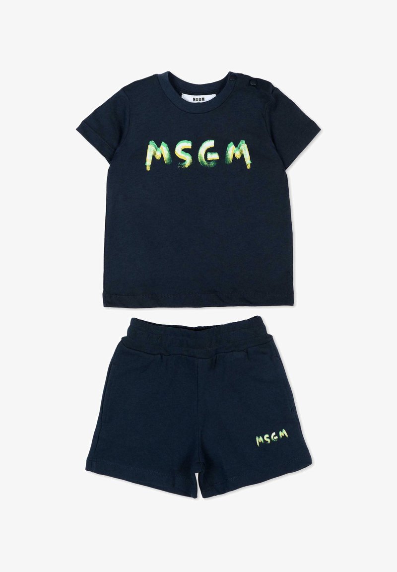 Ensemble pour tout-petit bleu marine composé d'une chemise à manches courtes et d'un short, tous deux ornés du logo coloré "MSGM" sur la poitrine et la jambe.