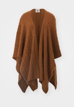 Poncho marrón de punto con un patrón de cable texturizado, diseño abierto y forma triangular. Fabricado con material suave y cálido.