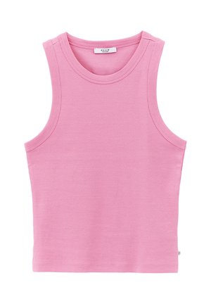 Top court rose sans manches en maille côtelée avec col rond, ourlet droit et petite étiquette de marque à l'arrière du col.