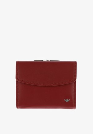 Portefeuille en cuir rouge avec fermeture à rabat cousue et petit emblème ailé argenté dans le coin inférieur droit.