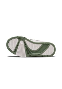 Weiße Sneaker-Sohle mit grünen Akzenten, strukturiertem Gummi, hexagonalem Grip-Muster, konturiertem Design und eingeprägtem Logo-Detail.
