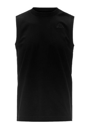 Chemise noire sans manches à col rond avec un petit logo noir brodé sur le côté gauche de la poitrine.