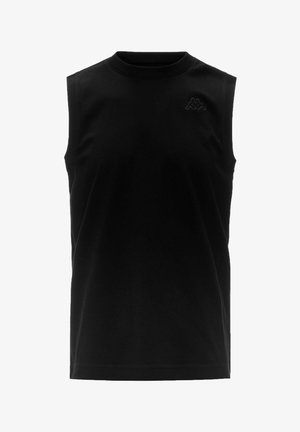 Chemise noire sans manches à col rond avec un petit logo noir brodé sur le côté gauche de la poitrine.