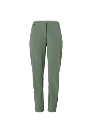 Aansluitende, rekbare broeken van gedempt groene stof, met voorzakken en een gladde, gestructureerde afwerking. Ontworpen voor comfort en bewegingsvrijheid.