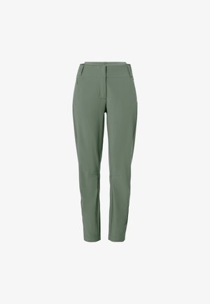 Figurbetonte, dehnbare Hosen aus schlichten grünem Stoff, mit Fronttaschen und glatter, strukturierten Oberfläche. Für Komfort und Beweglichkeit konzipiert.