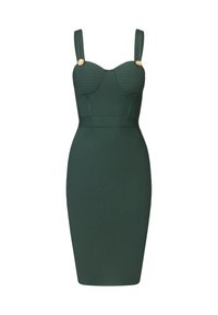 Dunkelgrünes, figurbetontes Kleid mit gerippten Details, verstellbaren Trägern und dekorativen goldenen Akzenten an den Schultern. Strukturierter Stoff.