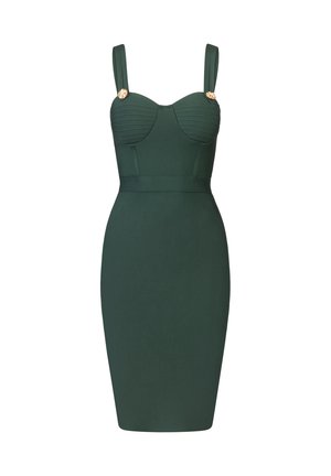 Ciemnozielona dopasowana sukienka z prążkowanymi detalami, regulowanymi ramiączkami i ozdobnymi złotymi akcentami na ramionach. Teksturowany materiał.
