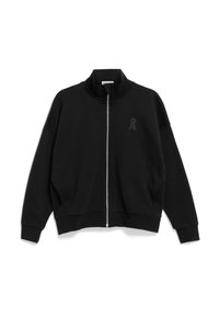 Veste noire zippée à manches longues, col montant, et logo discret sur la poitrine gauche, posée à plat sur un fond blanc.