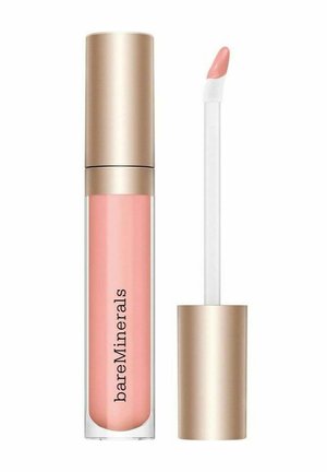 BareMinerals lipglansrør med beige låg, ved siden af en applikatorstav med vinklet spids dækket af lyserødt glans.