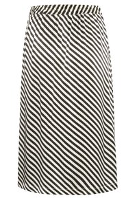 Čiernobiela sukňa s diagonálnymi pruhmi, elastickým pásom, dĺžka po kolená, hladká textúra a rovný strih.