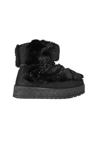 Black fur-lined ankle boot with a textured black rubber sole. Features braided detailing and a high collar for added warmth.