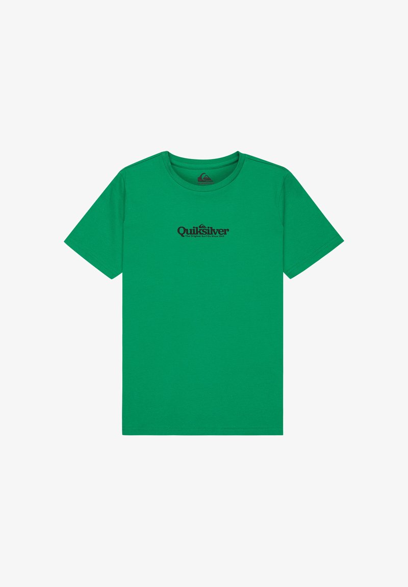 T-shirt vert à manches courtes avec logo Quiksilver noir et texte centrés sur la poitrine, col rond, fond uni.