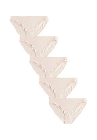 Penki šviesiai rožiniai medvilniniai apatiniai su lygiu paviršiumi, elastine juosmens juosta su subtiliomis siūlėmis ir minimalistiniu dizainu.