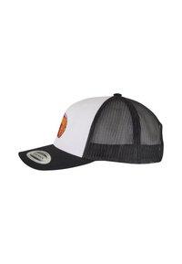 White front cap with a basketball graphic, black bill, and mesh black back. Features a snapback closure and curved brim design.