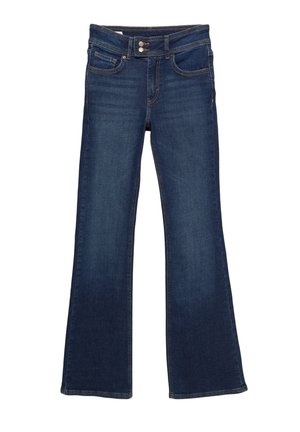 Dark blue denim jeans with a flared leg, double-button closure, and front pockets, displayed against a white background.