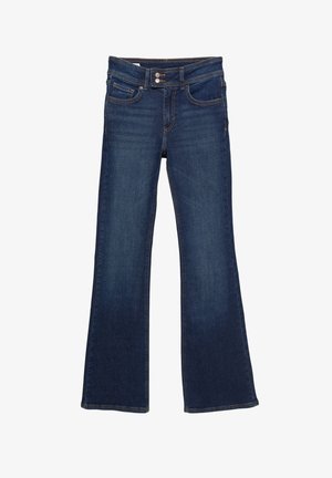 Dark blue denim jeans with a flared leg, double-button closure, and front pockets, displayed against a white background.