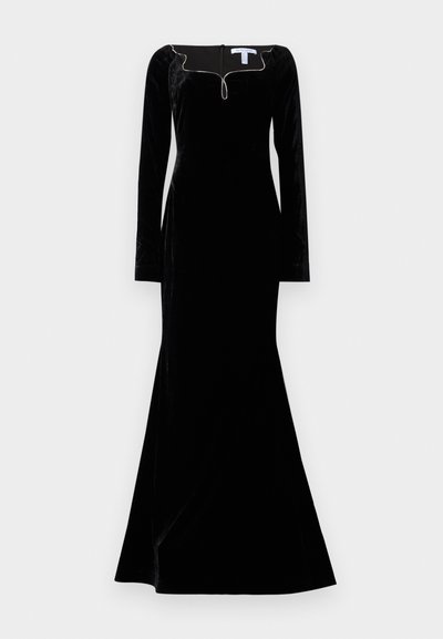 Black velvet dress with long sleeves, fitted bodice, and flared hem. Features a scoop neckline with a subtle zip closure and contrasting trim.