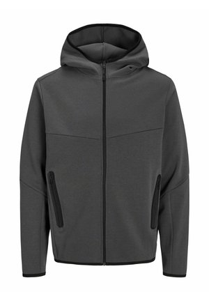 Chaqueta con capucha y cremallera en gris oscuro, que presenta una textura suave, dos bolsillos frontales con cremalleras y un ribete negro contrastante alrededor de la capucha y los puños.