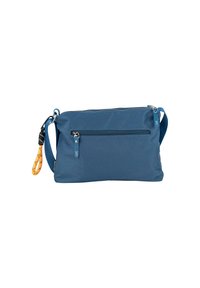 Bolso bandolera de nylon azul con un compartimento principal con cremallera, bolsillo frontal y una correa con acento texturizado. Presenta un acabado suave y detalles en amarillo.