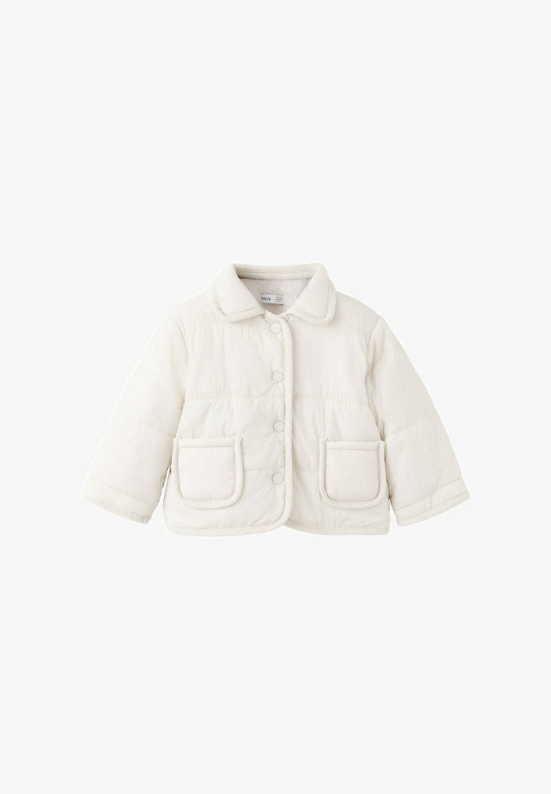 Veste matelassée couleur crème avec col, boutons-pression sur le devant et deux poches plaquées à l'avant.