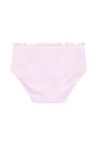Pink cotton brief with ruffled waistband, featuring a textured pattern of small bows. Stretch fabric with elastic edges.