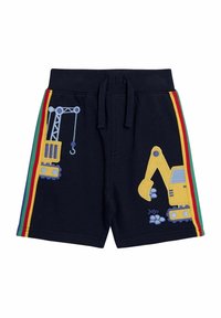 Navyblauwe shorts met twee kleurrijke borduurontwerpen van bouwvoertuigen aan de zijkanten, met een kraan en een graafmachine.
