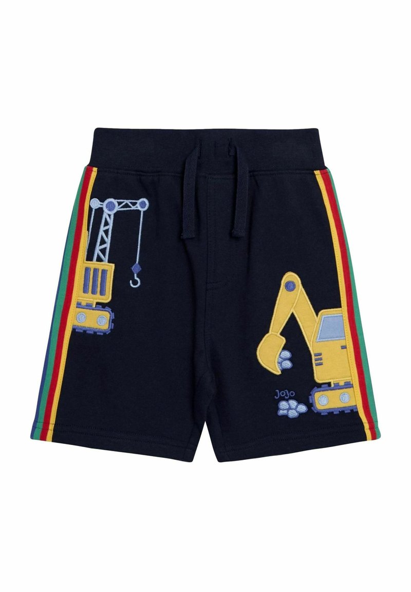 Navyblauwe shorts met twee kleurrijke borduurontwerpen van bouwvoertuigen aan de zijkanten, met een kraan en een graafmachine.