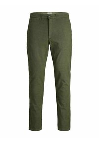 Pantaloni verde oliva realizzati in un tessuto a trama, con zip sul davanti, tasche frontali e un design a gamba affusolata.