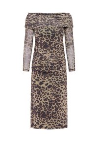 Abito con stampa animalier e scollo a barca, caratterizzato da maniche lunghe, texture arricciata e silhouette aderente in toni beige e marroni.