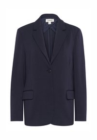Marineblå blazer i glat stof med skrå udskæringer, enkelt knappelukning og to frontlommer. Har en struktureret, skræddersyet design.