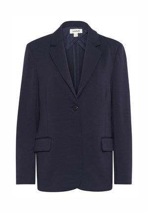 Marineblå blazer i glat stof med skrå udskæringer, enkelt knappelukning og to frontlommer. Har en struktureret, skræddersyet design.