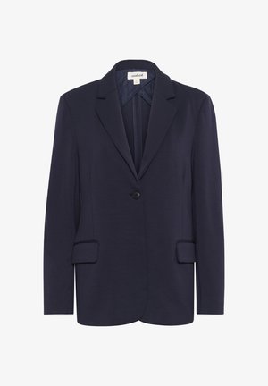 Granatowa marynarka z gładkiego materiału z wyłogami, z pojedynczym zapięciem na guzik oraz dwoma przednimi kieszeniami. Posiada dopasowany, usztywniony krój.