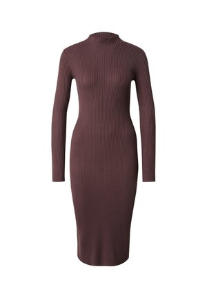 Langmouwen ribbel midi-jurk in donker mauve met een hoge halslijn, met een aangesloten silhouet en een gladde textuur.