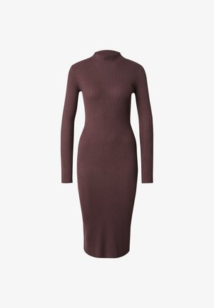 Langmouwen ribbel midi-jurk in donker mauve met een hoge halslijn, met een aangesloten silhouet en een gladde textuur.
