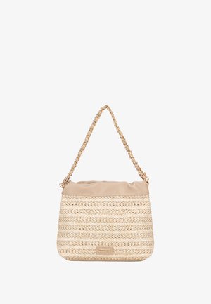 Borsa intrecciata beige con parte superiore liscia color nocciola, dotata di una tracolla a catena. Motivo intrecciato testurizzato e placca con logo sul fronte.