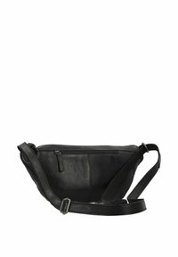 Borsa a tracolla in pelle nera con una texture liscia, chiusura con zip e tracolla regolabile. Presenta un ampio scomparto principale e una tasca laterale.