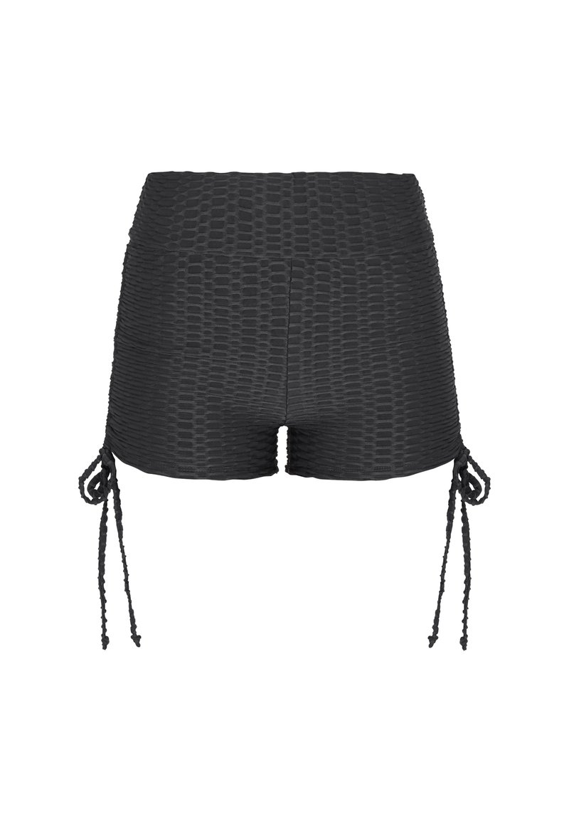 Černé šortky s vysokým pasem a texturovaným vzorem, s nastavitelními bočními tkaničkami pro přizpůsobené nošení. Vyrobeno z elastického materiálu.