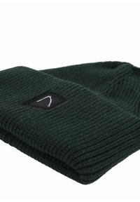 Berretto lavorato a maglia di un verde scuro con una trama a costine, caratterizzato da un risvolto e da una piccola etichetta nera con un logo bianco.
