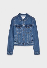 Denim jacket in dark blue, featuring a button-up front, two chest pockets, and a cropped design with stitched detailing and a collar.