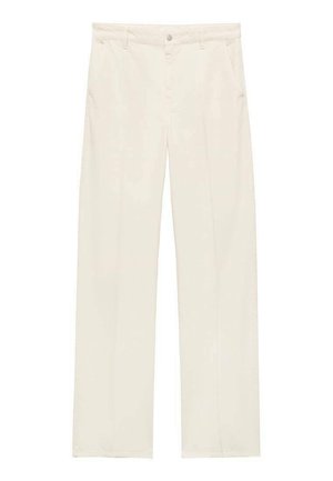 Beige wide-leg trousers made of smooth fabric, featuring a front button closure, two side pockets, and minimal stitching details.